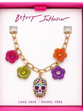 NIB Betsey Johnson Day of the Dead Sugar Skull and Colorful Flower Necklace